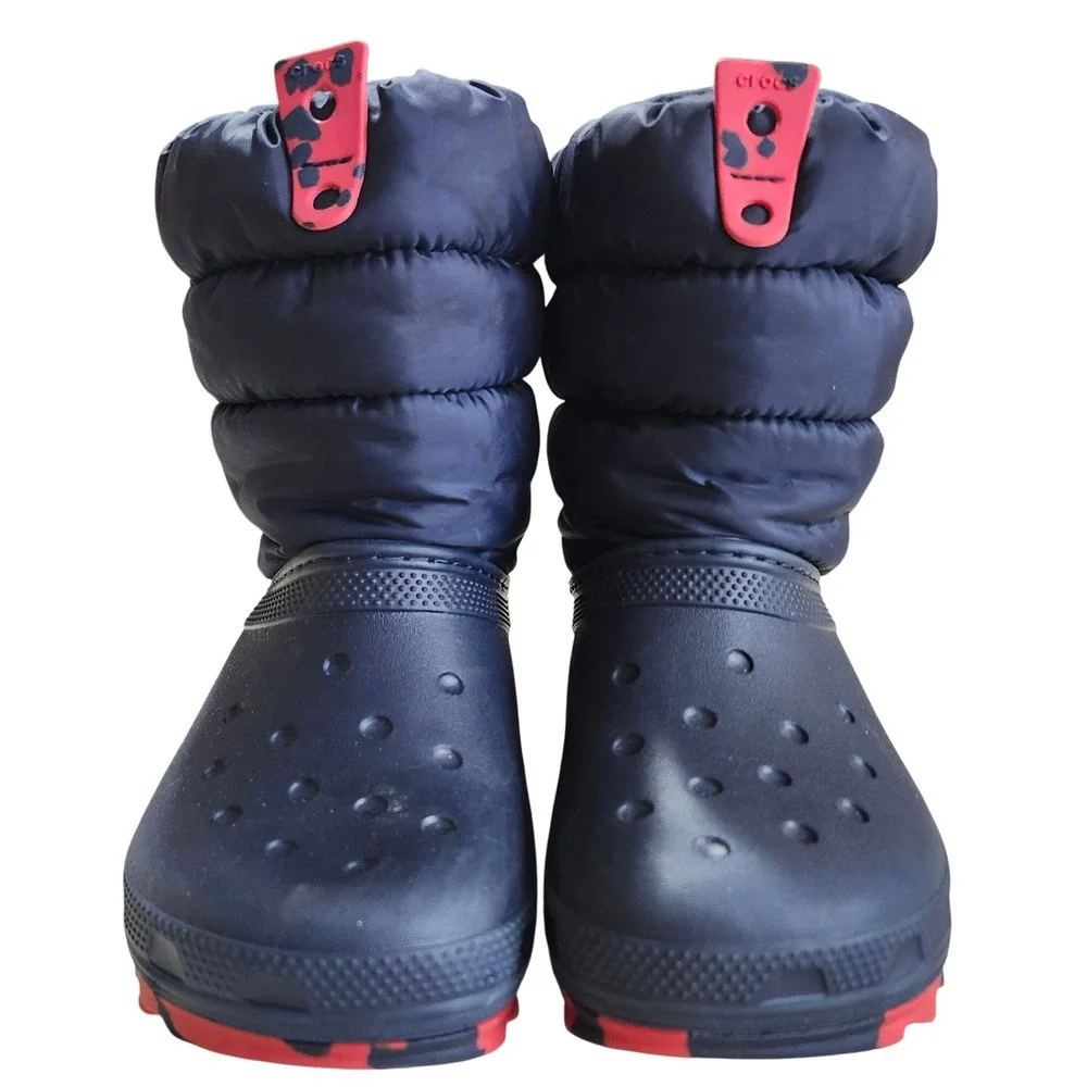 Crocs Neo Puff Snow Boots Kids J2 Navy Blue Red Warm Faux Fur Lined 207684